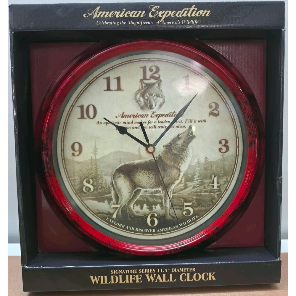 American Expedition Wolf Wall Clock 11.5" Wildlife Cabin Lodge Rustic NIB